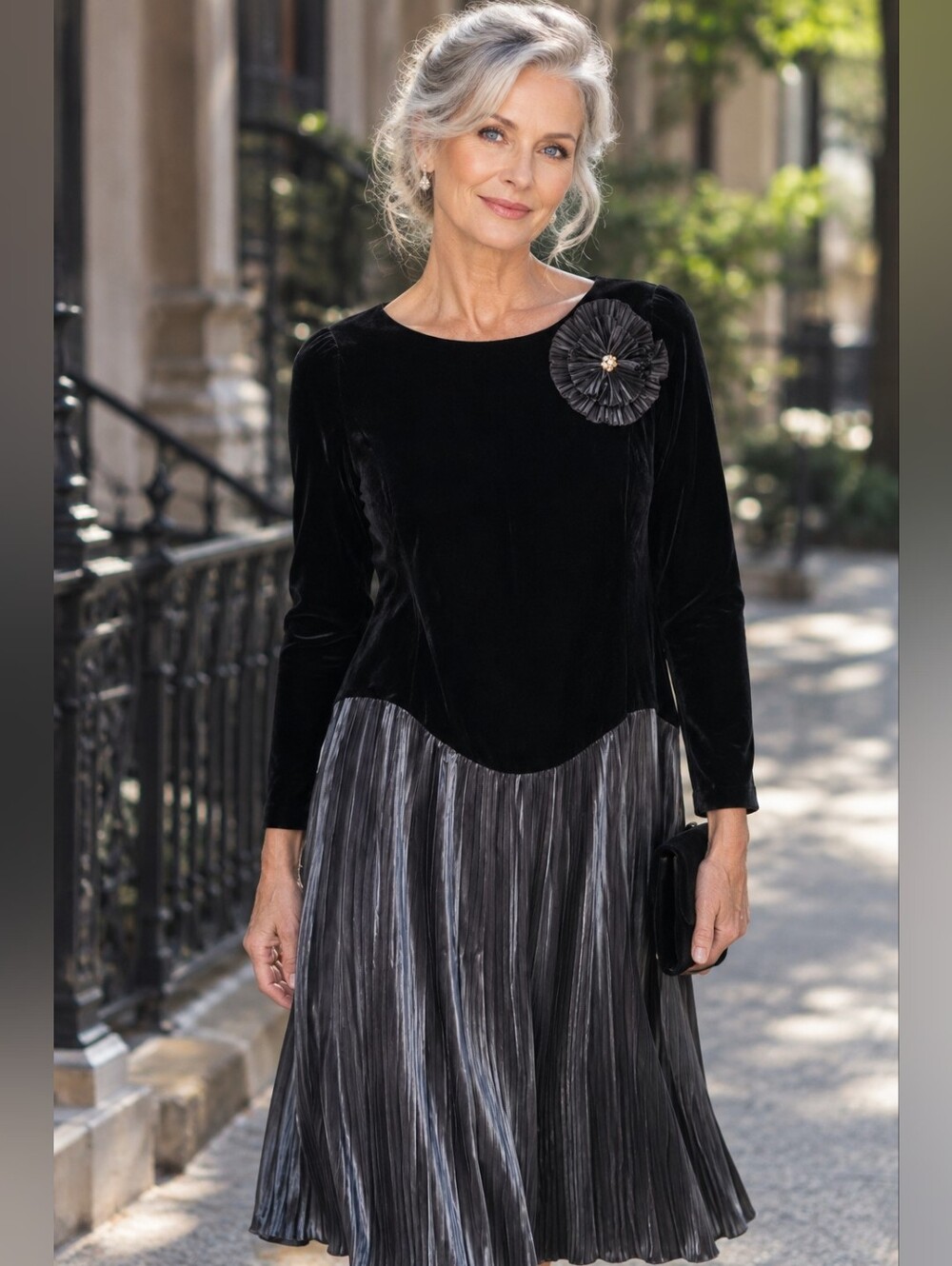 Vintage Black Long Sleeve Velvet/Satin Dress with Pleated Skirt And Flower